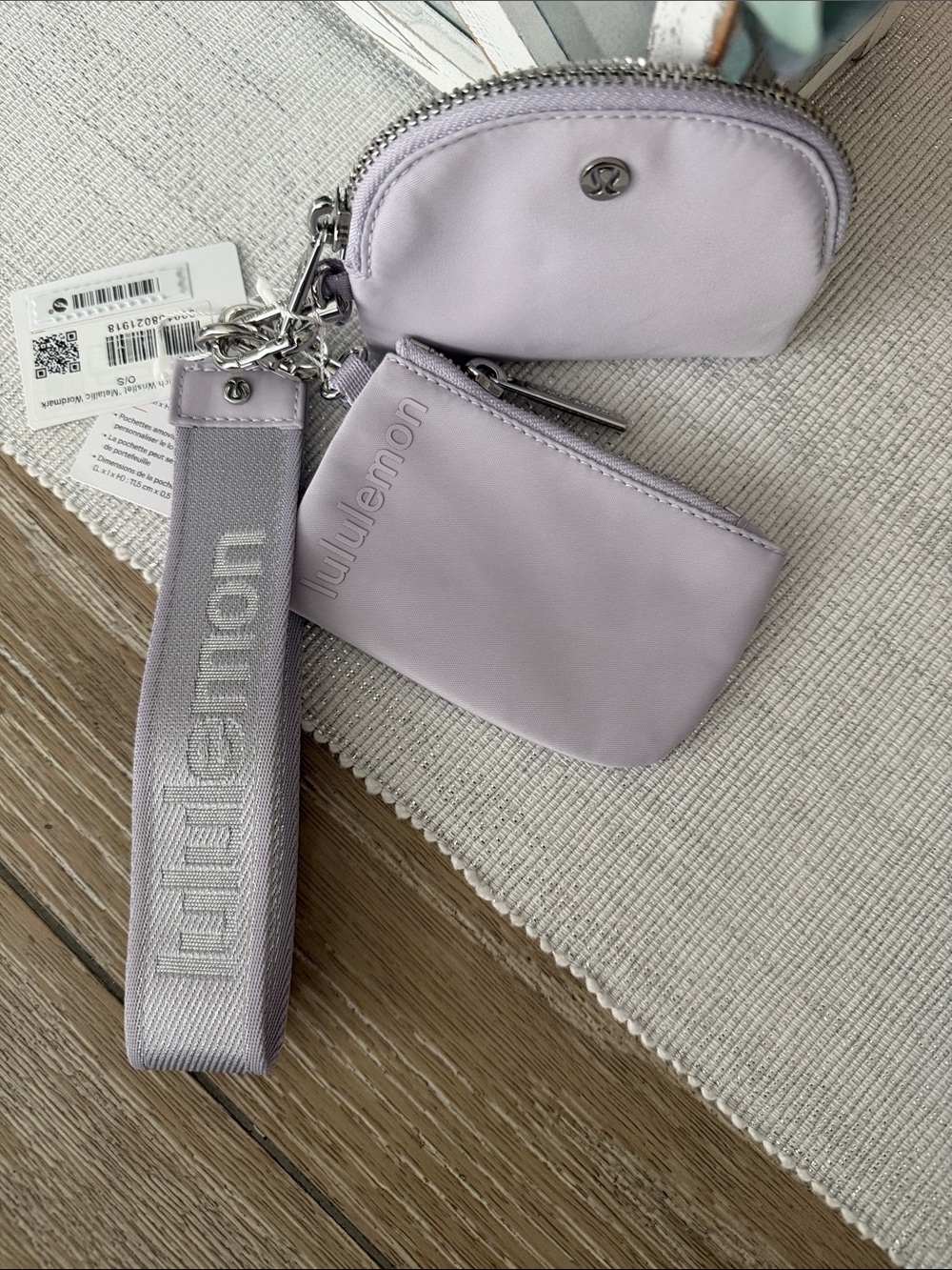 NWT lululemon dual pouch wristlet metallic wordmark lilic 3pc key pouch wristlet